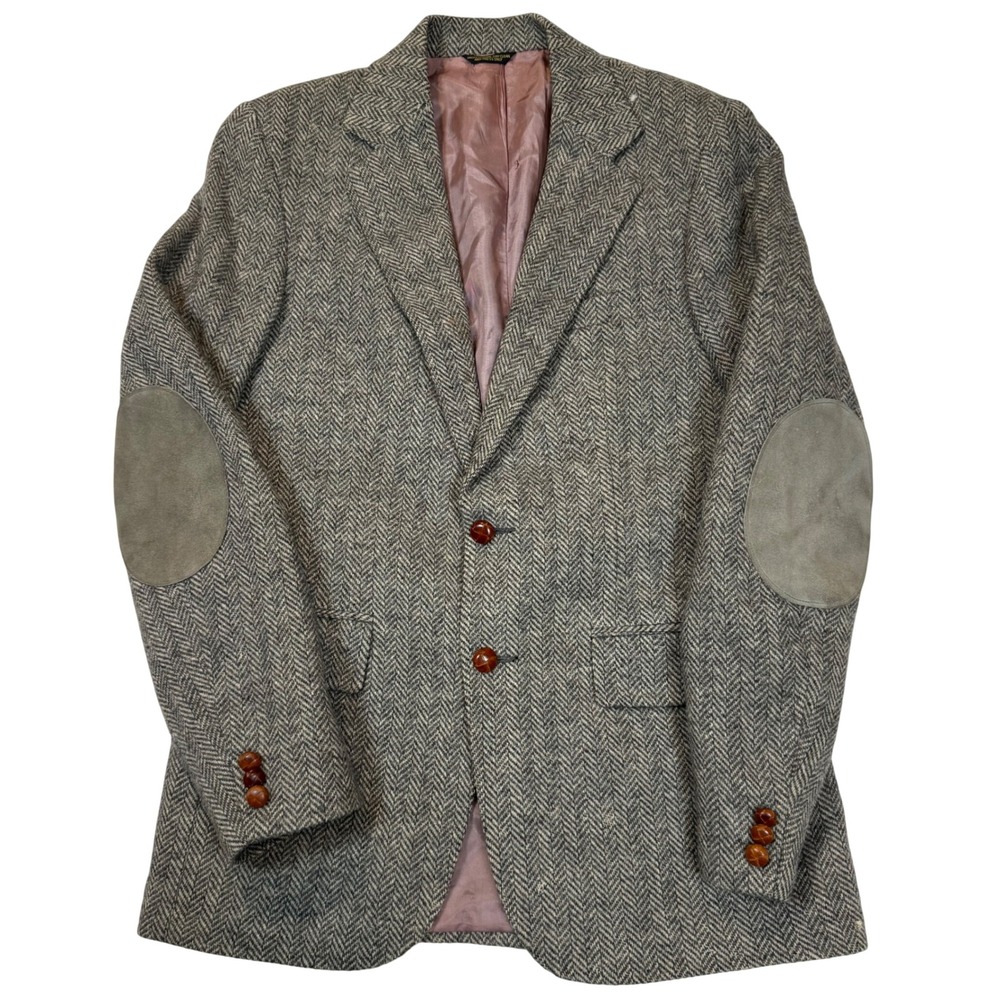 Repp Ltd Mens Grey Herringbone Wool Blazer Suede Elbow Patches Sport Coat 40R